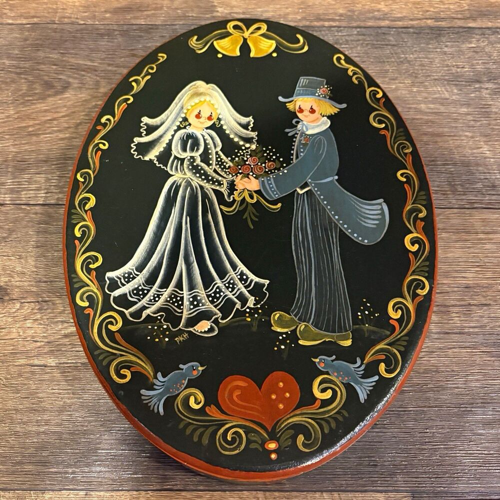 Hand-Painted Bentwood Folk Art Trinket Box Bride & Groom Wedding 1982